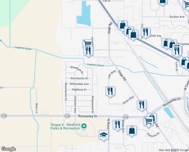 map of restaurants, bars, coffee shops, grocery stores, and more near 2077 Lars Way in Medford