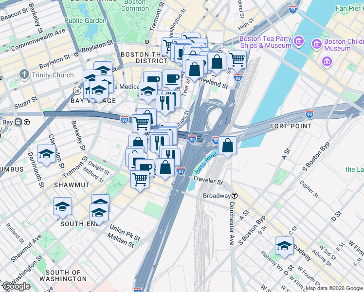 map of restaurants, bars, coffee shops, grocery stores, and more near 237-241 Albany Street in Boston