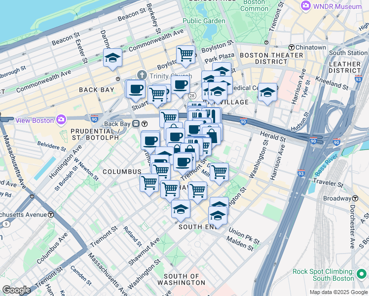 map of restaurants, bars, coffee shops, grocery stores, and more near 54 Lawrence Street in Boston