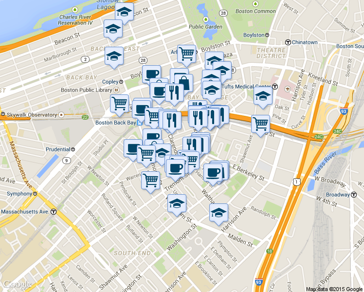 map of restaurants, bars, coffee shops, grocery stores, and more near 54 Lawrence Street in Boston