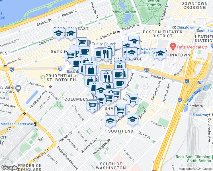 map of restaurants, bars, coffee shops, grocery stores, and more near in Boston