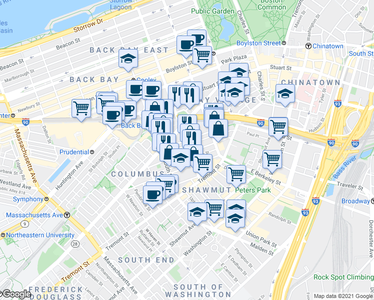 map of restaurants, bars, coffee shops, grocery stores, and more near in Boston