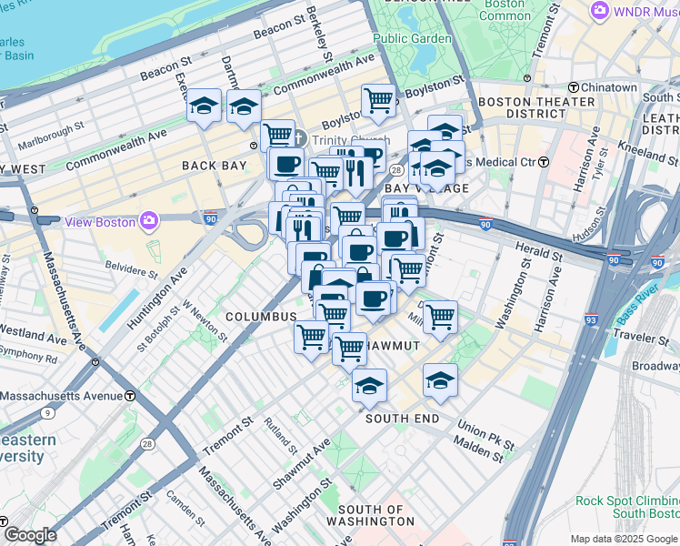 map of restaurants, bars, coffee shops, grocery stores, and more near in Boston