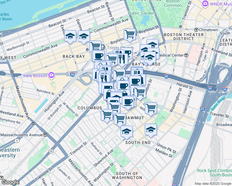 map of restaurants, bars, coffee shops, grocery stores, and more near in Boston