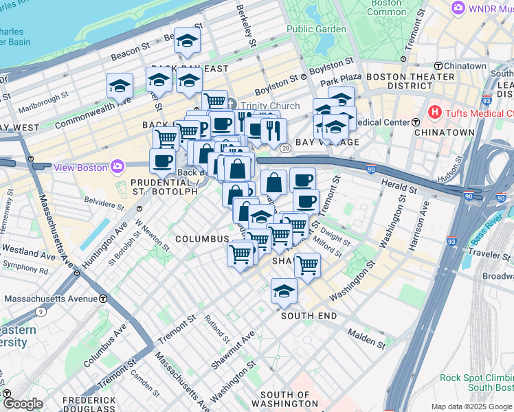 map of restaurants, bars, coffee shops, grocery stores, and more near in Boston