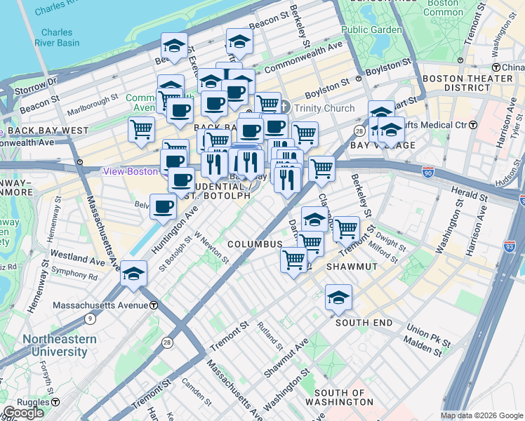 map of restaurants, bars, coffee shops, grocery stores, and more near 100 Huntington Avenue in Boston