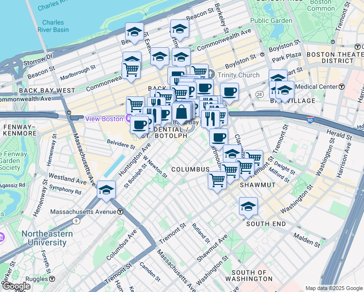 map of restaurants, bars, coffee shops, grocery stores, and more near 100 Huntington Avenue in Boston