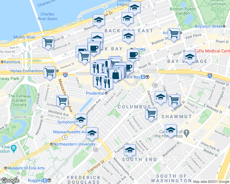 map of restaurants, bars, coffee shops, grocery stores, and more near in Boston