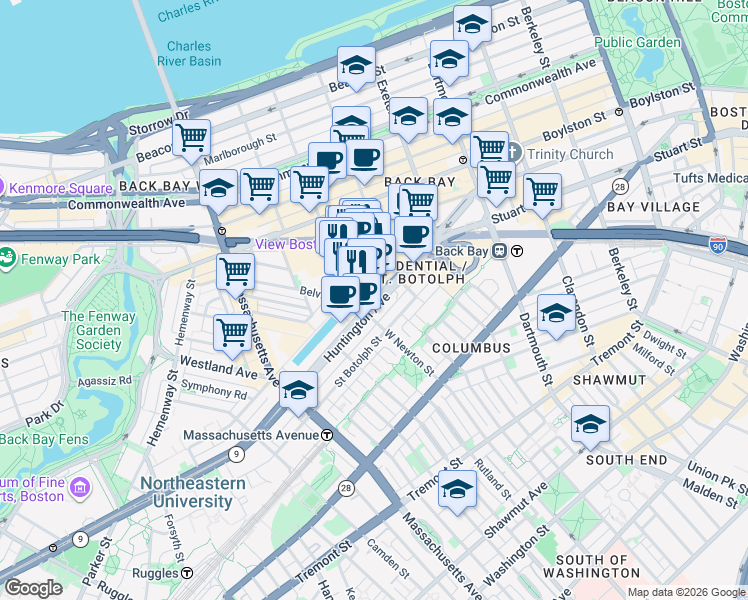 map of restaurants, bars, coffee shops, grocery stores, and more near 800 Boylston Street in Boston