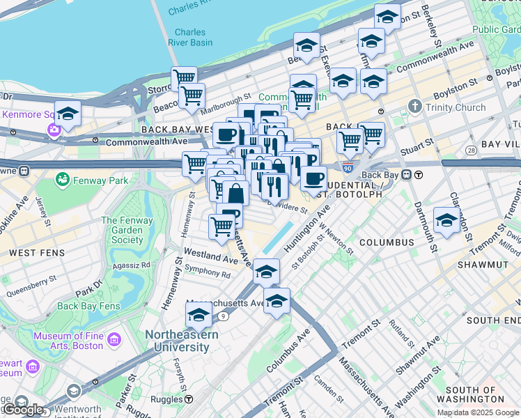 map of restaurants, bars, coffee shops, grocery stores, and more near 40 Dalton Street in Boston