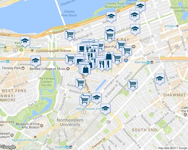 map of restaurants, bars, coffee shops, grocery stores, and more near 40 Dalton Street in Boston