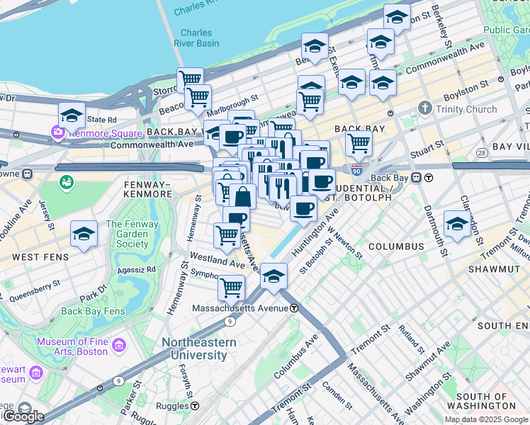 map of restaurants, bars, coffee shops, grocery stores, and more near 40 Dalton Street in Boston