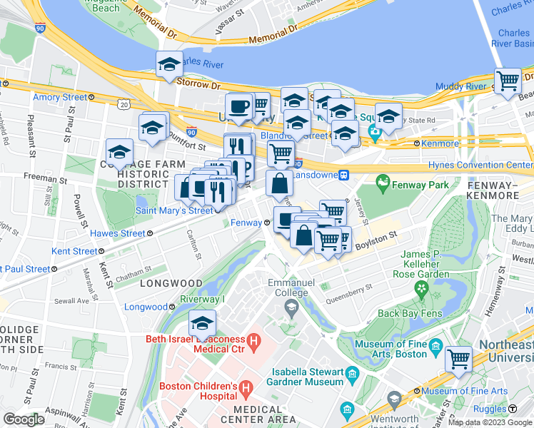 map of restaurants, bars, coffee shops, grocery stores, and more near 880 Beacon Street in Boston