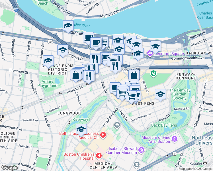 map of restaurants, bars, coffee shops, grocery stores, and more near 880 Beacon Street in Boston