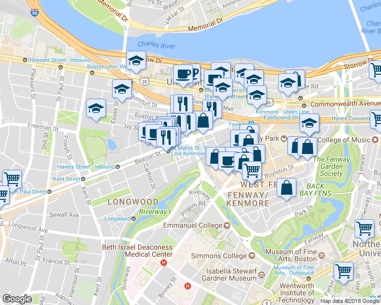 map of restaurants, bars, coffee shops, grocery stores, and more near 880 Beacon Street in Boston
