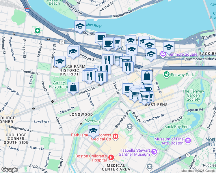 map of restaurants, bars, coffee shops, grocery stores, and more near 912 Beacon Street in Boston