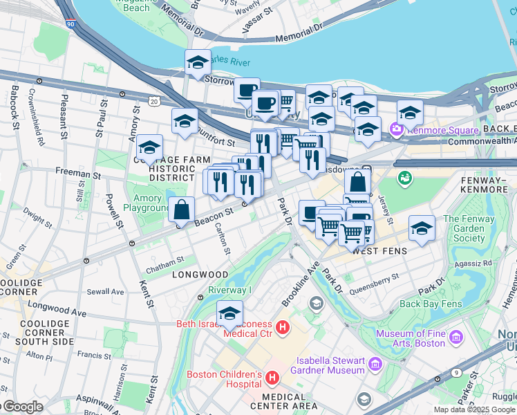 map of restaurants, bars, coffee shops, grocery stores, and more near 912 Beacon Street in Boston