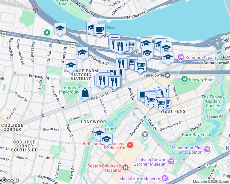 map of restaurants, bars, coffee shops, grocery stores, and more near in Brookline