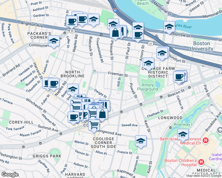 map of restaurants, bars, coffee shops, grocery stores, and more near 18 Still Street in Brookline