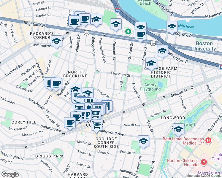 map of restaurants, bars, coffee shops, grocery stores, and more near 107 Browne Street in Brookline