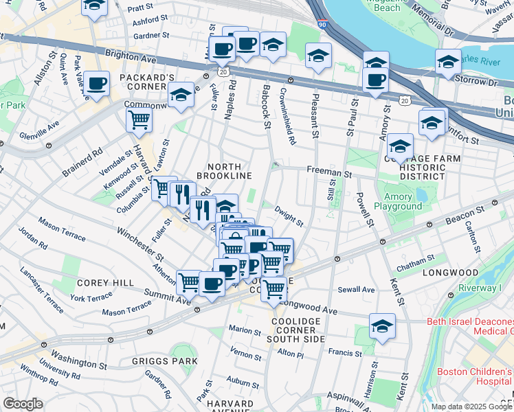 map of restaurants, bars, coffee shops, grocery stores, and more near 75 Stedman Street in Brookline