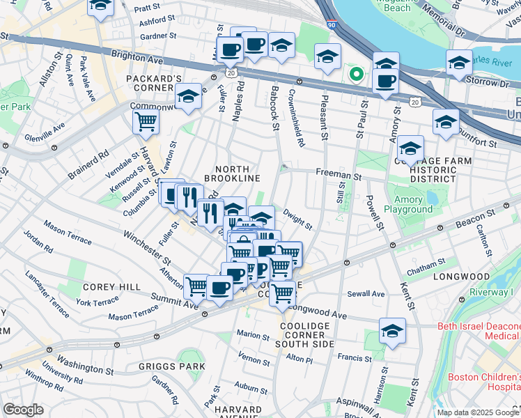 map of restaurants, bars, coffee shops, grocery stores, and more near 75 Stedman Street in Brookline