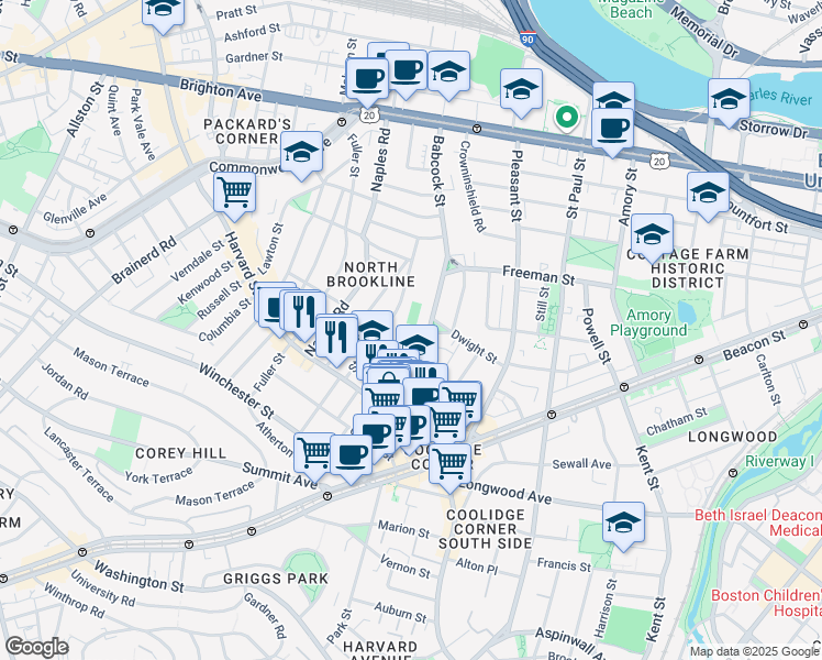 map of restaurants, bars, coffee shops, grocery stores, and more near 75 Stedman Street in Brookline