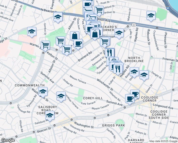 map of restaurants, bars, coffee shops, grocery stores, and more near in Brookline