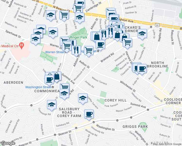 map of restaurants, bars, coffee shops, grocery stores, and more near 239 Kelton Street in Boston