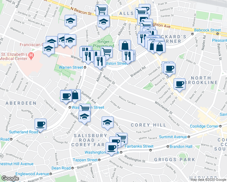 map of restaurants, bars, coffee shops, grocery stores, and more near 244 Kelton Street in Boston