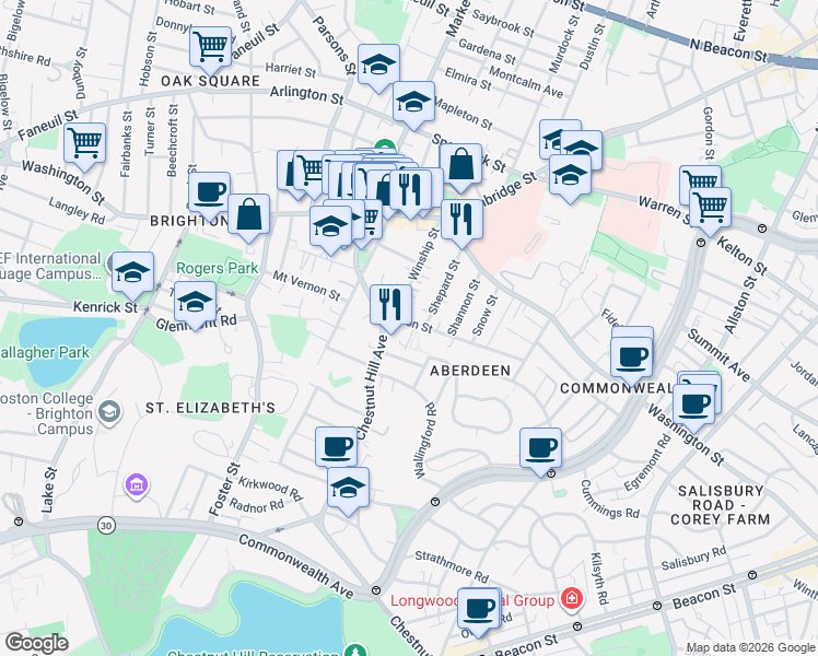map of restaurants, bars, coffee shops, grocery stores, and more near 27 Eulita Terrace in Boston
