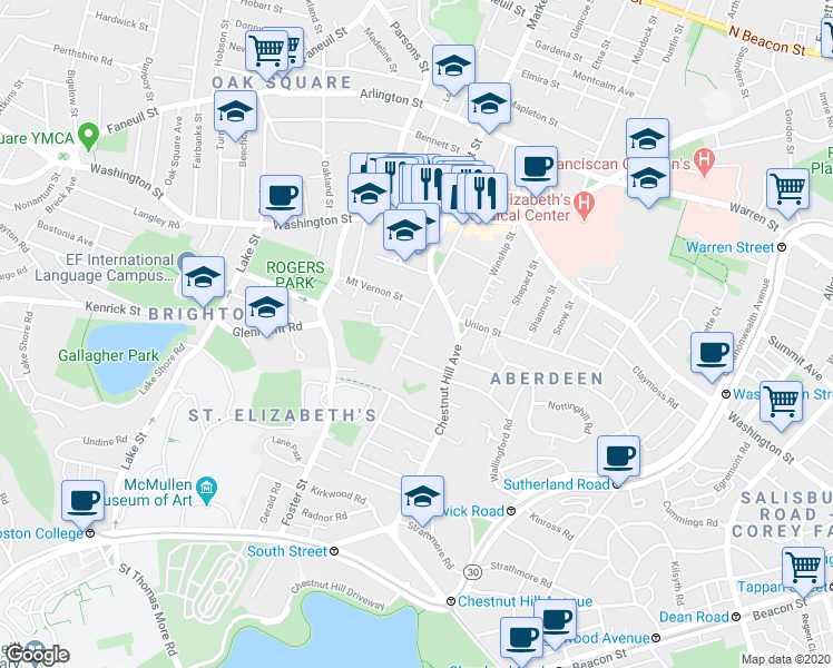 map of restaurants, bars, coffee shops, grocery stores, and more near 82 Academy Hill Road in Boston