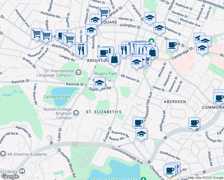 map of restaurants, bars, coffee shops, grocery stores, and more near 65 Rogers Park Avenue in Boston
