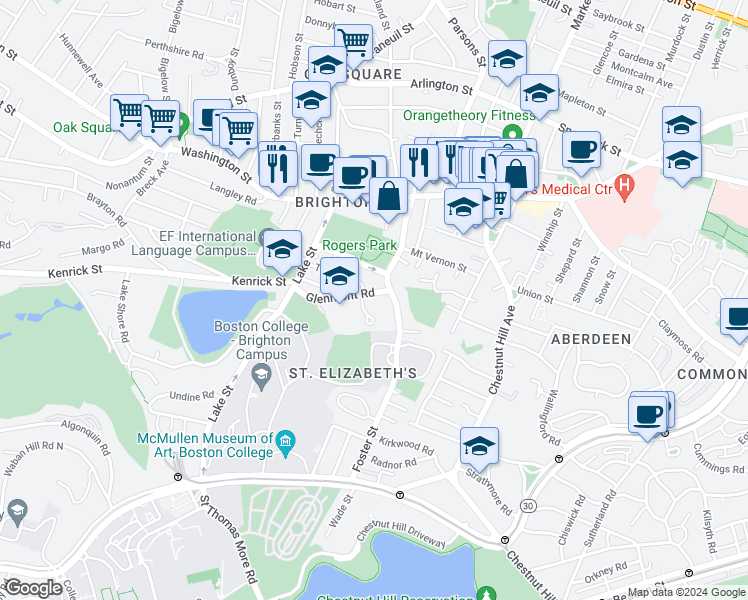 map of restaurants, bars, coffee shops, grocery stores, and more near 65 Rogers Park Avenue in Boston