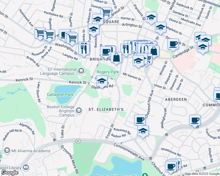 map of restaurants, bars, coffee shops, grocery stores, and more near 65 Rogers Park Avenue in Boston