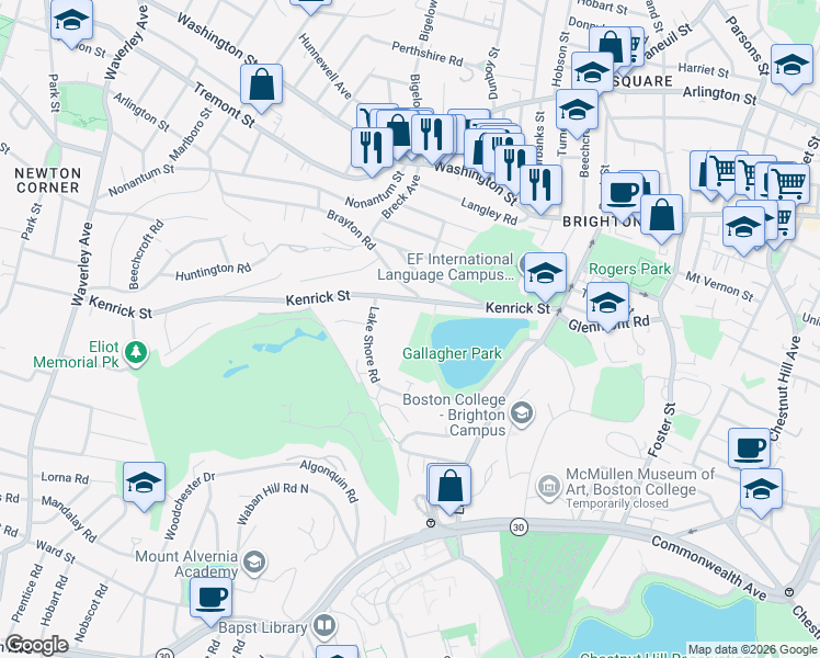 map of restaurants, bars, coffee shops, grocery stores, and more near 110-112 Kenrick Street in Boston