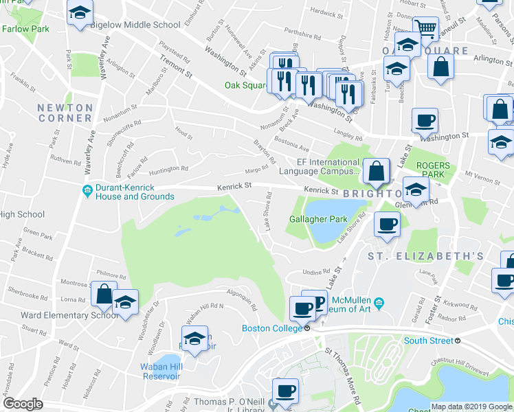 map of restaurants, bars, coffee shops, grocery stores, and more near 23 Lake Shore Court in Boston