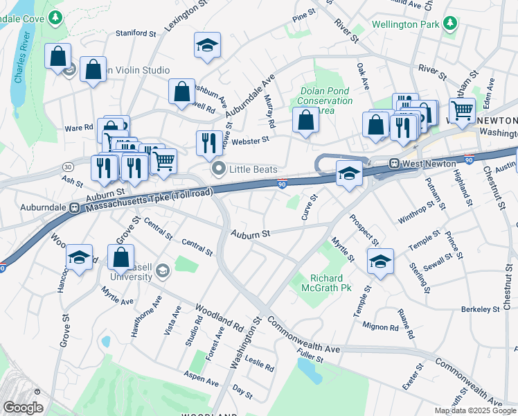 map of restaurants, bars, coffee shops, grocery stores, and more near 7 Weir Street in Newton