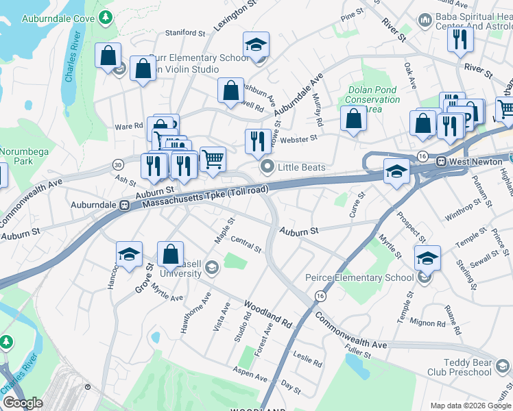map of restaurants, bars, coffee shops, grocery stores, and more near 137 Rand Terrace in Newton