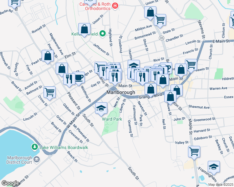 map of restaurants, bars, coffee shops, grocery stores, and more near in Marlborough