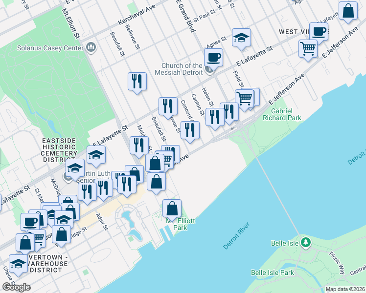 map of restaurants, bars, coffee shops, grocery stores, and more near 484 Bellevue Street in Detroit