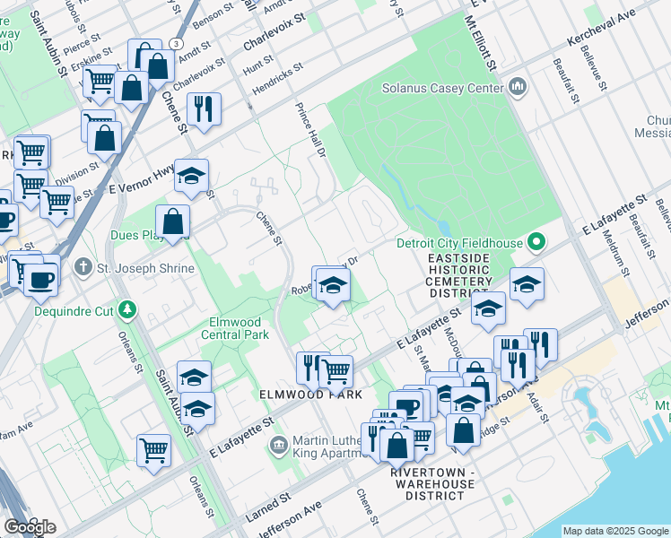 map of restaurants, bars, coffee shops, grocery stores, and more near 1925 Campau Farms Circle in Detroit