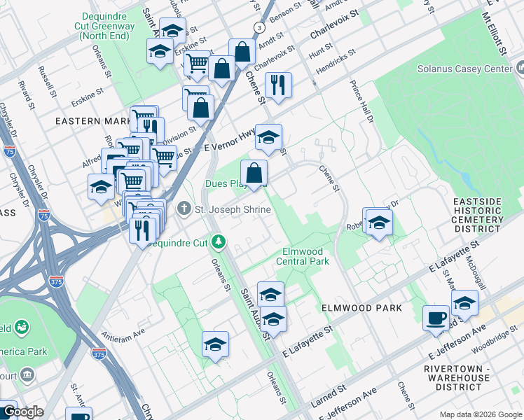 map of restaurants, bars, coffee shops, grocery stores, and more near 2220 Hyde Park Drive in Detroit