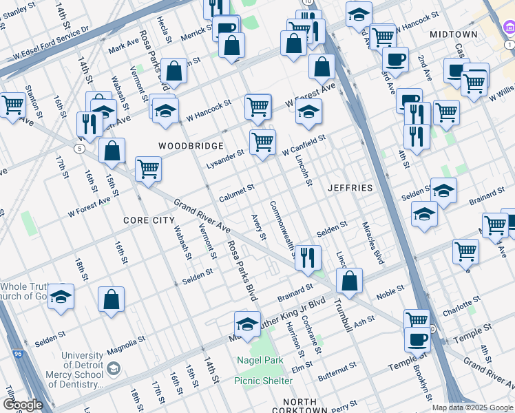 map of restaurants, bars, coffee shops, grocery stores, and more near 4237 Commonwealth Street in Detroit