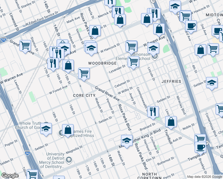 map of restaurants, bars, coffee shops, grocery stores, and more near 4340 Rosa Parks Boulevard in Detroit