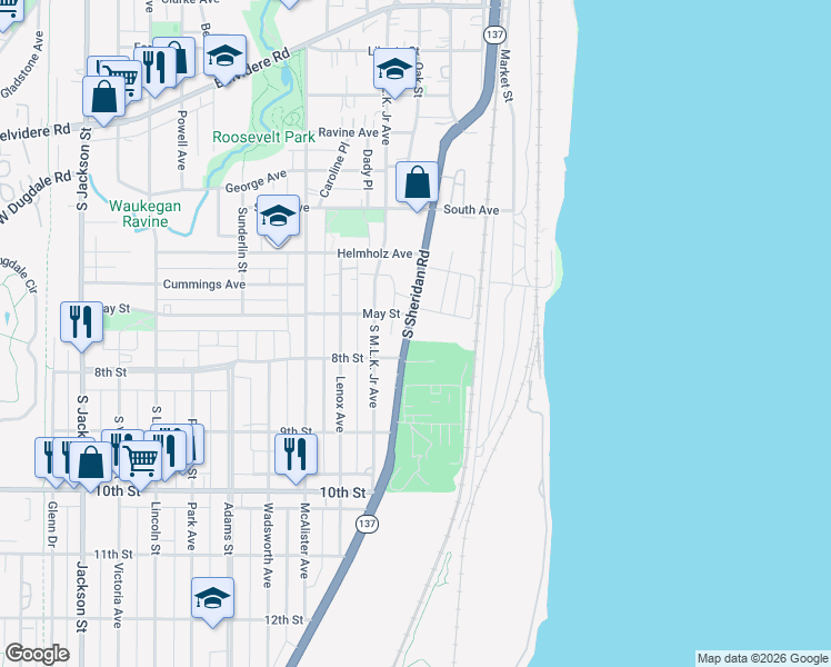 map of restaurants, bars, coffee shops, grocery stores, and more near 690 South Genesee Street in Waukegan