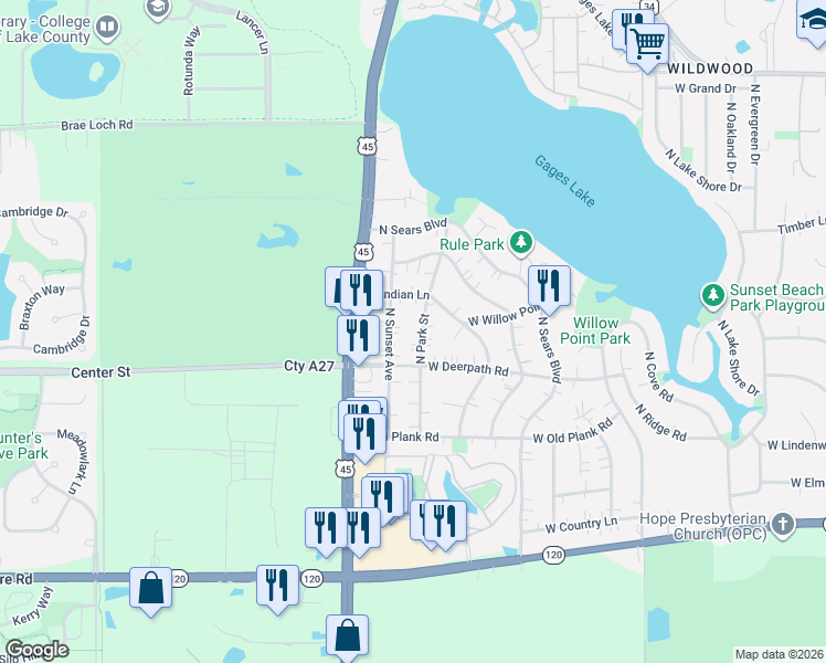map of restaurants, bars, coffee shops, grocery stores, and more near 33326 North Indian Lane in Grayslake