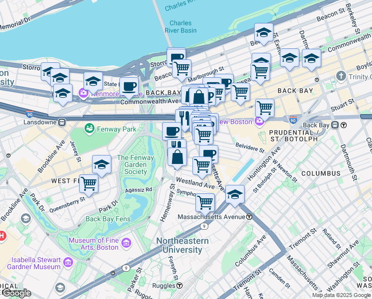 map of restaurants, bars, coffee shops, grocery stores, and more near in Boston