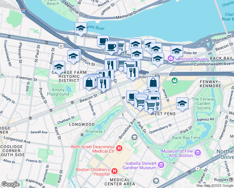 map of restaurants, bars, coffee shops, grocery stores, and more near 880 Beacon Street in Boston