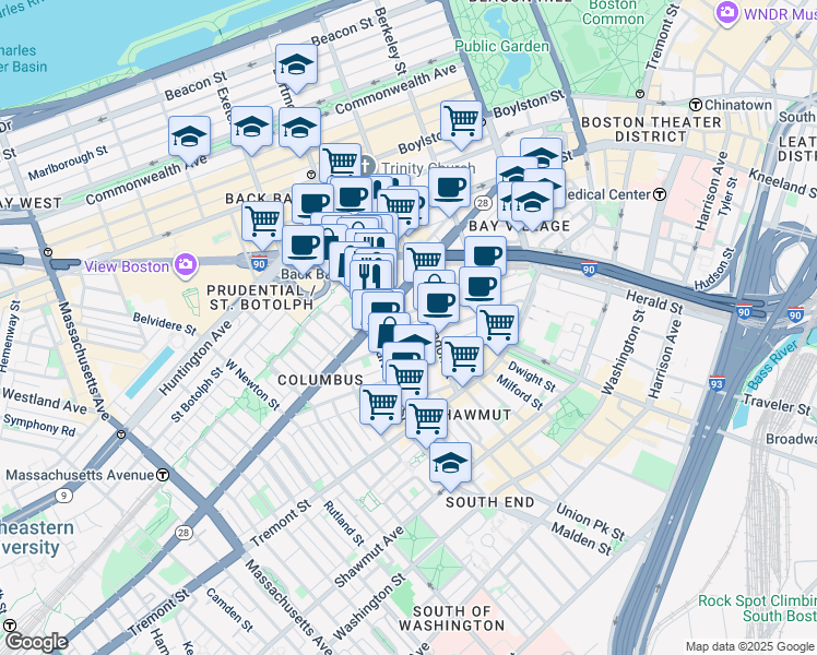 map of restaurants, bars, coffee shops, grocery stores, and more near 331 Columbus Avenue in Boston
